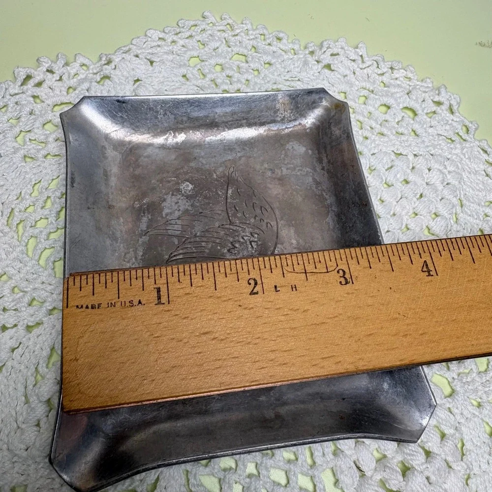 Vintage Unbranded Silver Tone Trinket Tray Bird Etching Cottagecore